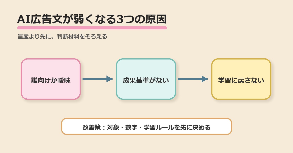 AI広告文が弱くなる3つの原因の図解