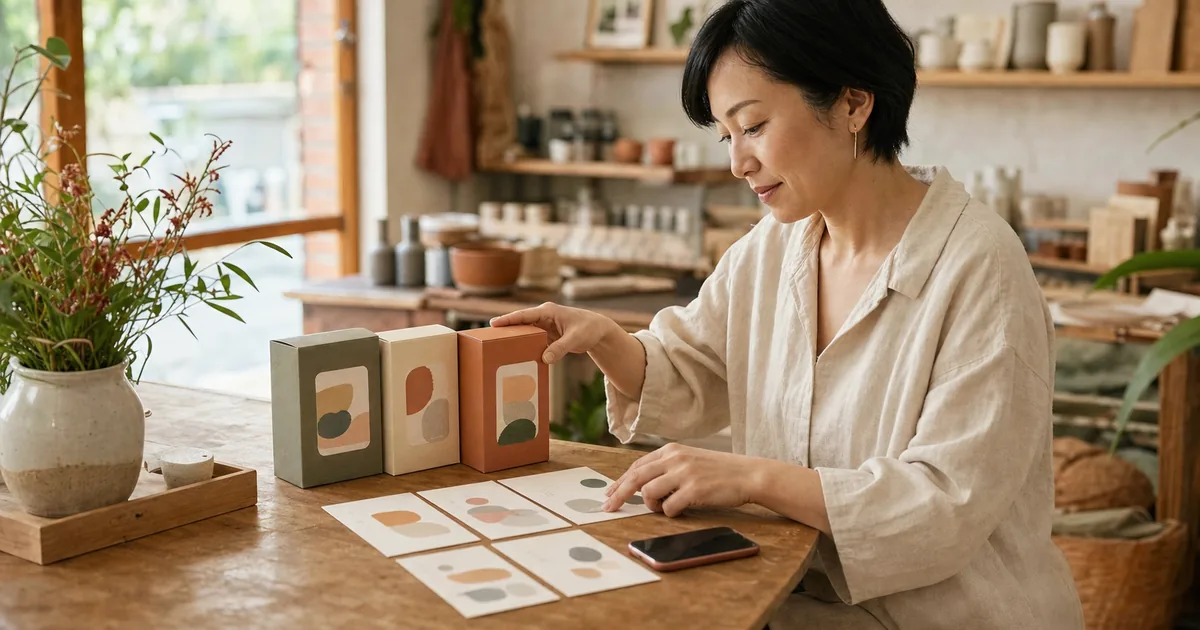 商品情報を整理する小さな事業者の作業風景