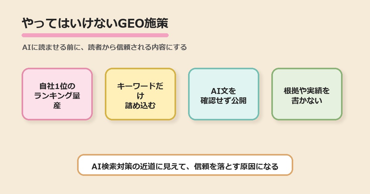 やってはいけないGEO施策を整理した図解